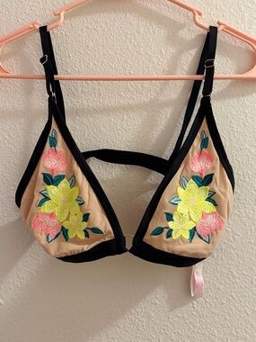 PINK Victoria’s Secret Floral Embroidered Triangle Bralette - Black & Nude